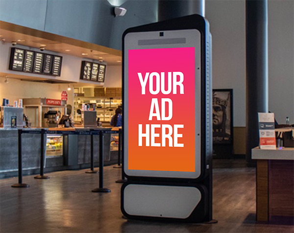 Digital kiosk in a movie theater lobby